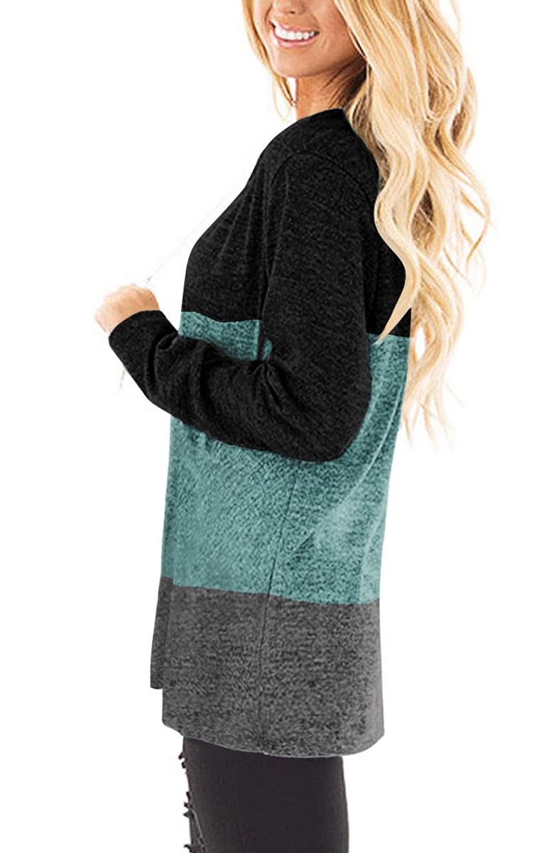 Jescakoo Womens Tops Long Sleeve V Neck T Shirts Color Block Casual Loose Fitting Green Grey L - Image 2
